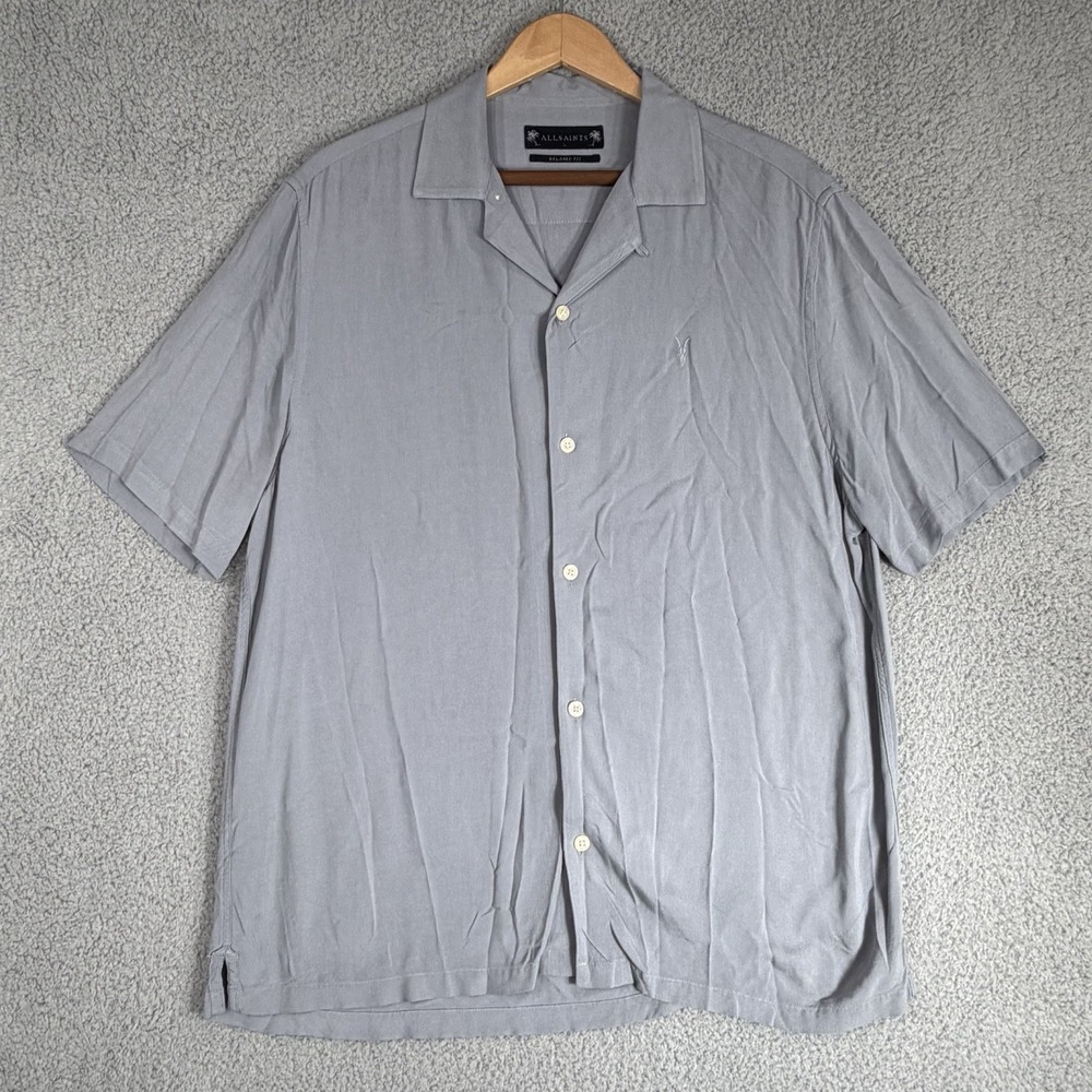 All Saints Mens Relaxed Fit Short Sleeve Button Down Shirt Gray Viscose Large